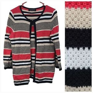 Kasper Open Front Cardigan Striped Knit Sweater Size Medium Flamingo Multicolor